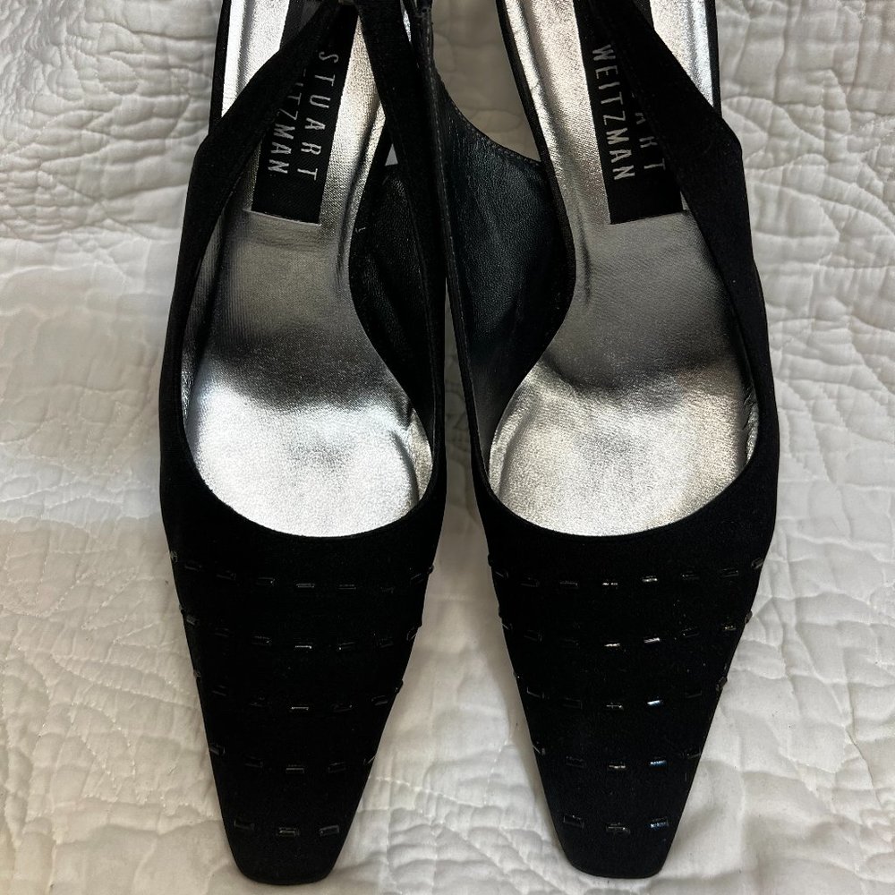 Stuart Weitzman Black Suede Eleganza Sling back with beaded accents